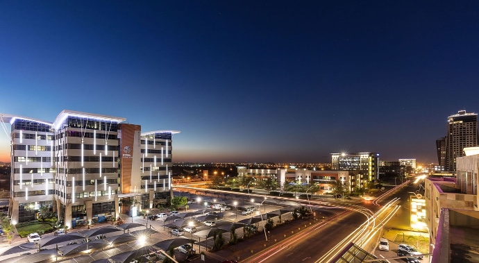Birds eye view of Central Business District at night in Gaborone