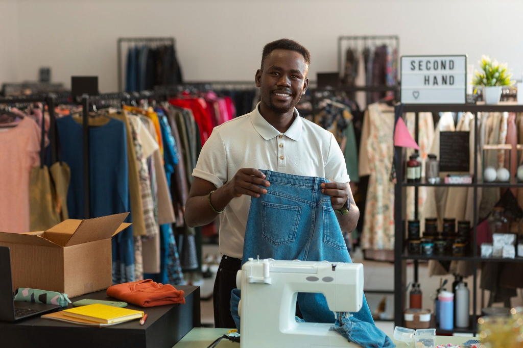 man sewing trousers